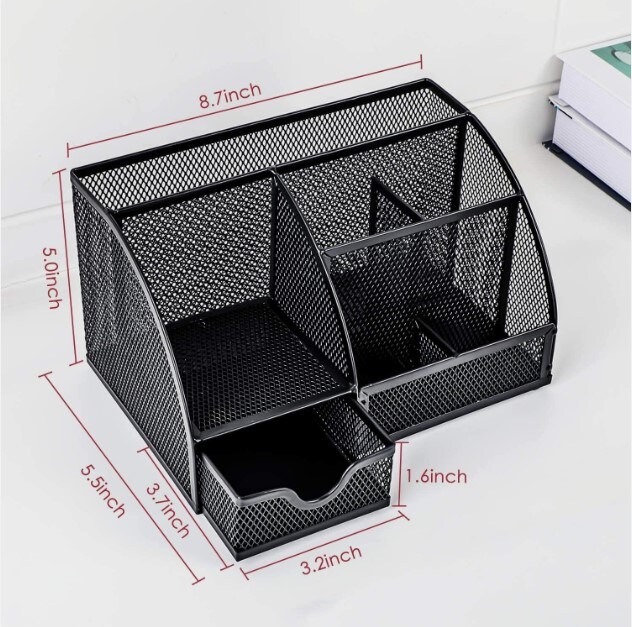 Mesh Desk Organizer Office Supplies 6 Compartments + 1 Drawer Pen Holder
