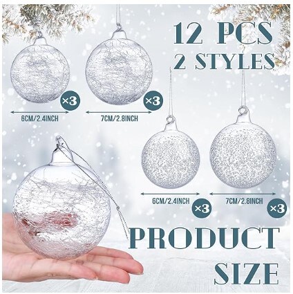 12 Glass Ball Christmas Ornaments Christmas Hanging Ornament in Clear Shiny Iridescent Clear Glass Christmas Tree Ball Bauble Blown Glass Balls (2.36 in, 2.76 in) for Party Decoration