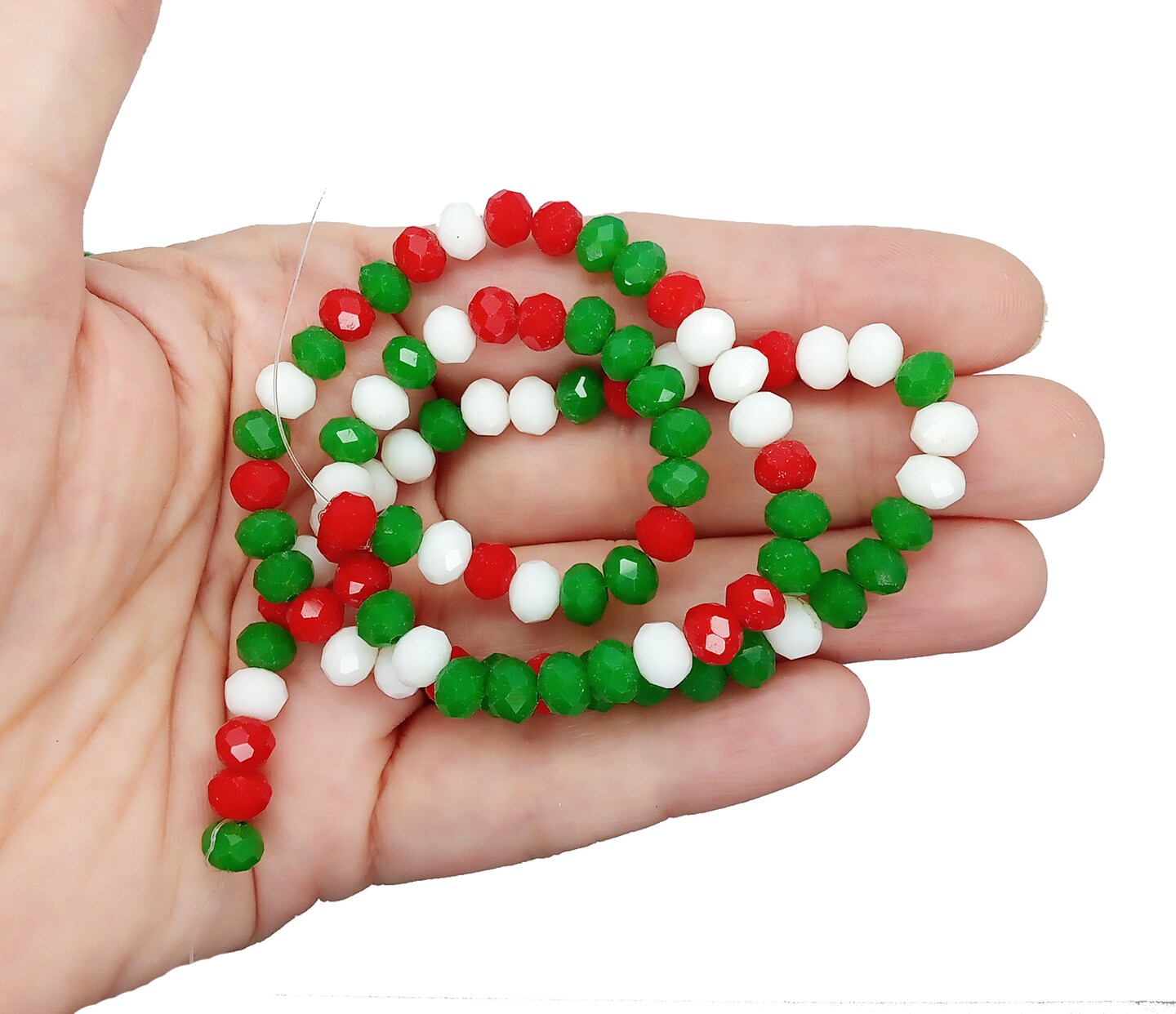Small Glass Beads in Christmas Colors, 6mm Rondelles in Red White & Green, 85 pcs, Adorabilities