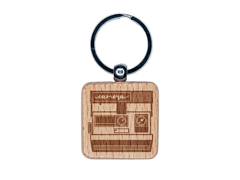 Vintage Instant Camera Photography Engraved Wood Square Keychain Tag Charm
