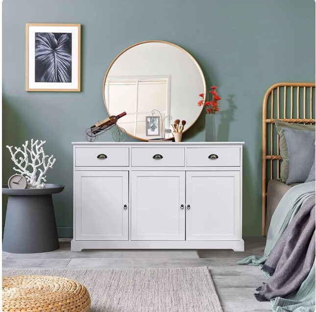 Buffet Cabinet with 3 Drawers and 3 Cabinets for Kitchen, Dining Room, and Living Room, White