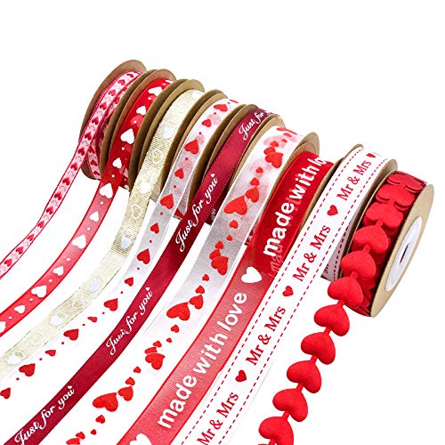 changsha 9 Rolls Hearts Ribbon Set - Valentine&#x27;s Day Mother&#x27;s Day Satin Ribbon, Printed Heart Ribbons for Gift Wrapping, Wedding Birthday Party Decorations, Crafts DIY Supplies (Valentine)