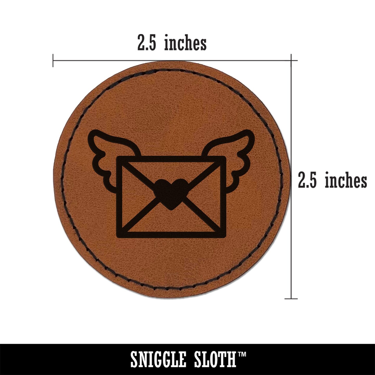 Envelope with Wings Heart Letter Mail Round Iron-On Engraved Faux Leather Patch Applique - 2.5&#x22;