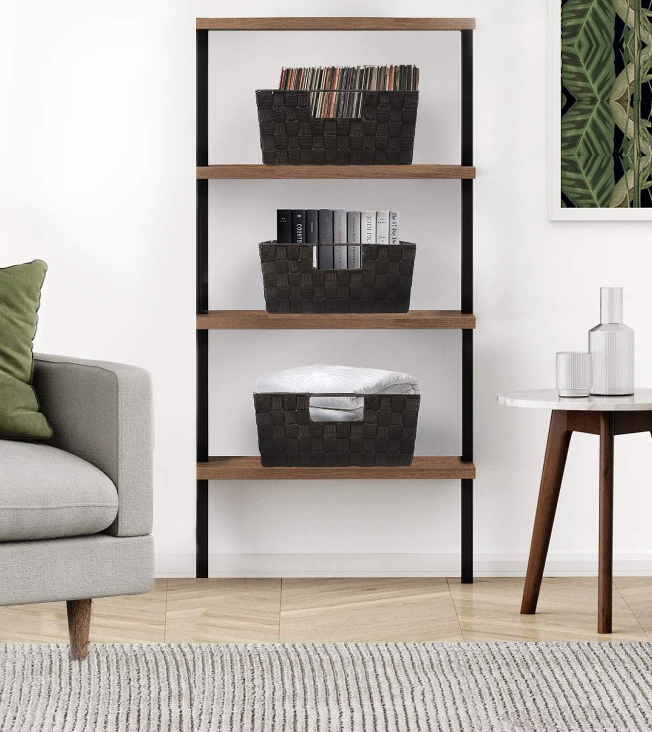 Sorbus Woven Basket Bin Set - Shelf Storage Tote Baskets for Household Items - Stackable with Woven Straps and built-in Carry Handles (3 Pack)