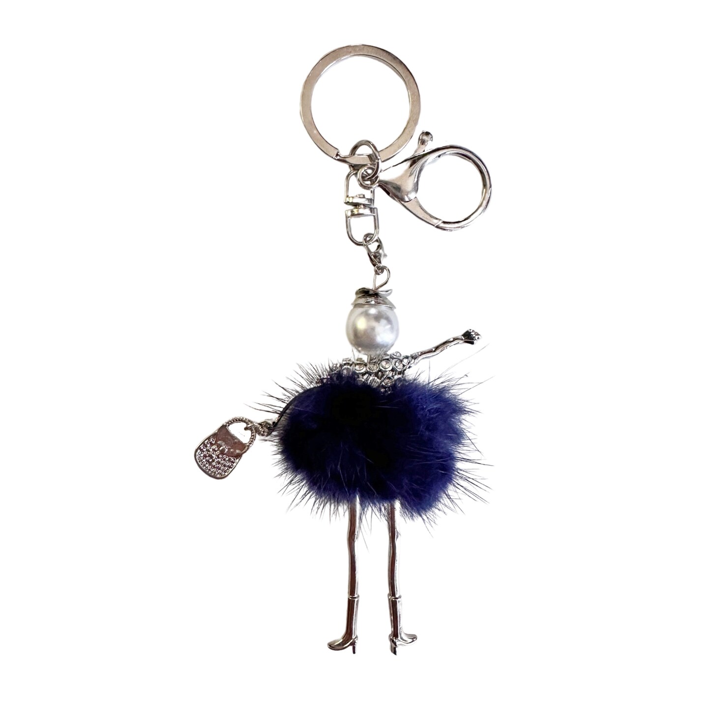 Wrapables Hanging Fashionista Doll Keychain, Crystal Rhinestone Keyring Bag Charm, Navy Pom Pom