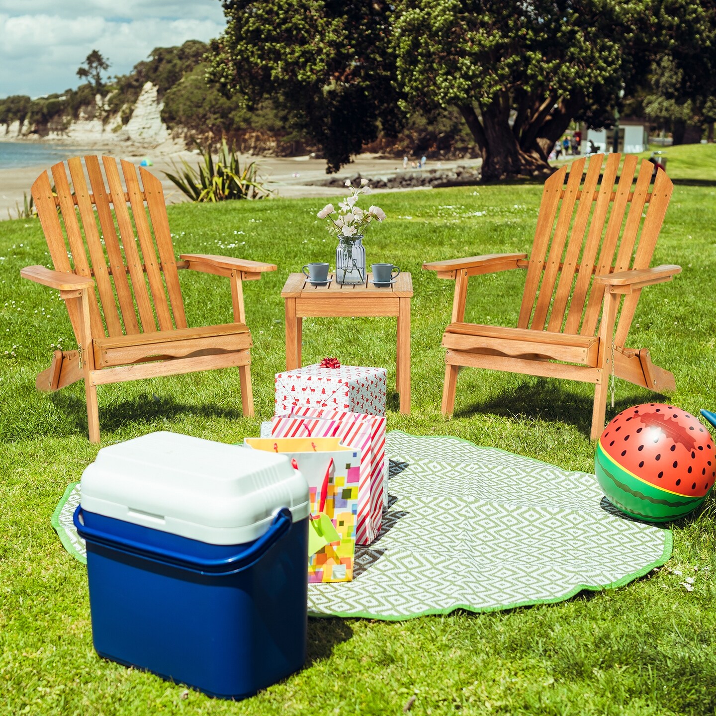 3 Pieces Fold-able Adirondack Chair Set with Widened Armrest
