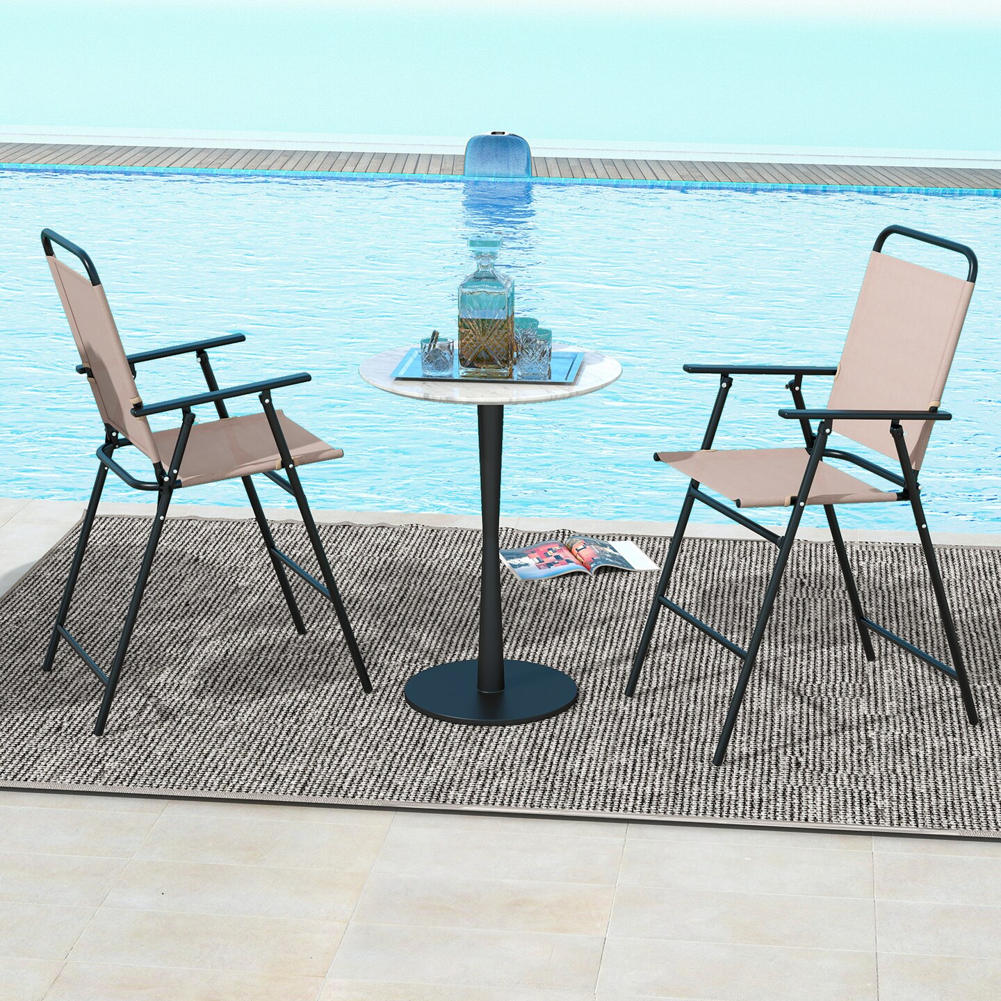 Costway Patio Folding Bar-height Chairs with Armrests Quick-drying Seat Beige Backyard