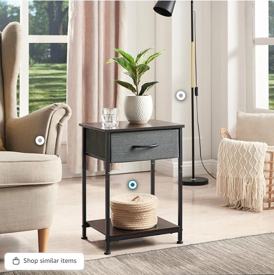 Nightstand, End Table for Bedroom Nursery Living Room - Removable Fabric Drawer, Open Storage Shelf, Sturdy Steel Frame, Durable Wood Top - Charcoal Grey/Dark Walnut