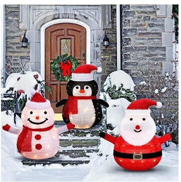 Lighted Christmas Outdoor Decorations 3 Pieces Collapsible Fluffy Snowman Penguin Santa Claus with LED Lights Pre Lit Pop up Christmas Holiday Decorations for Indoors, Outdoors, and Gardens