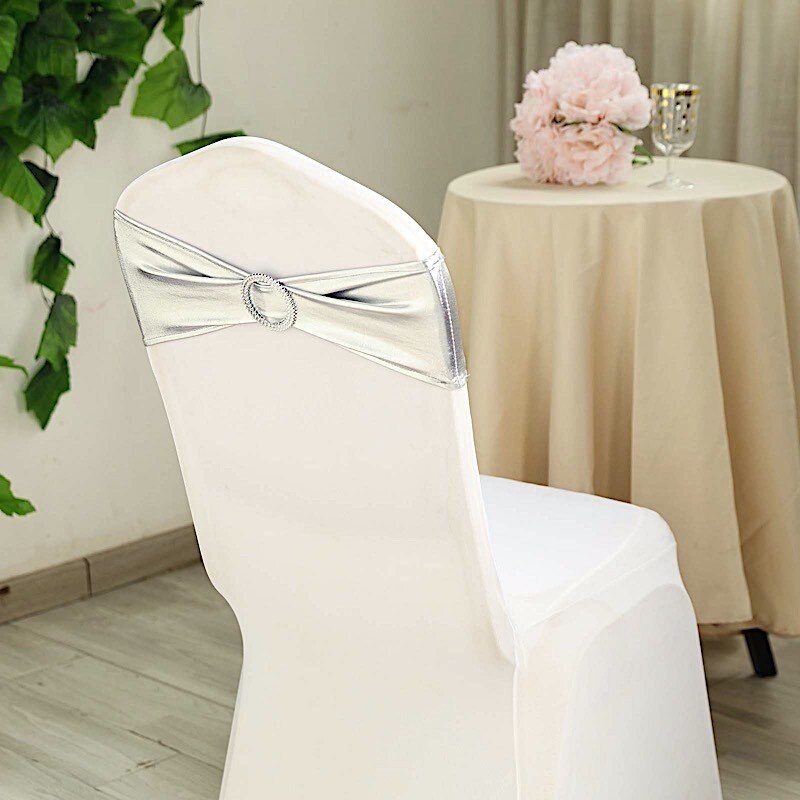 Metallic Silver Spandex Chair Sashes with Round Buckles for Wedding Decor