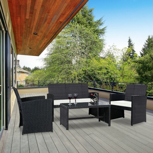 4 PCS Patio Garden Wicker Rattan Cushioned Sofa Set