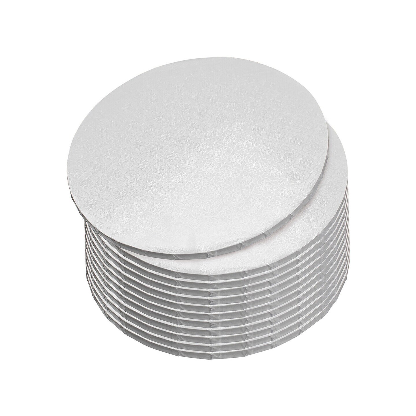 Bulk 12-pack of 10-inch round white cake drums with a 1/2-inch pleated edge.