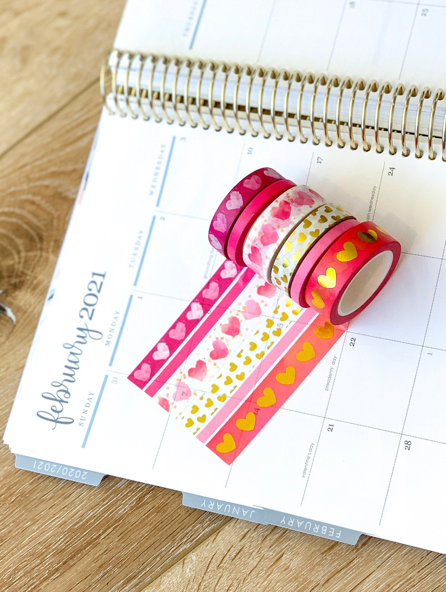 FOILED  Valentine&#x27;s Pink &#x26; Gold Hearts Washi Tape Set (#W014)
