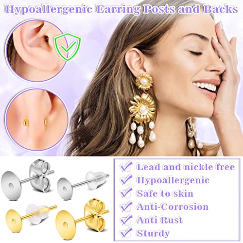 600 pieces Jewelry Glue with Earring Posts for Jewelry Making, Stainless Steel Earring Posts and Backs Silver and Gold Earring Posts with Rubber Earring Backs for Earring Making Supplies