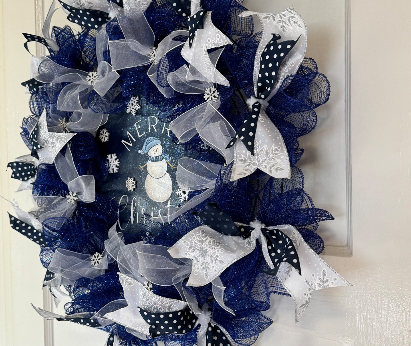 Christmas Ribbon, Mesh Wreath, Blue And White, Snowflakes, Handmade, Hand Painted Merry Christmas Sign With Snowman, Farmhouse Christmas product 4
