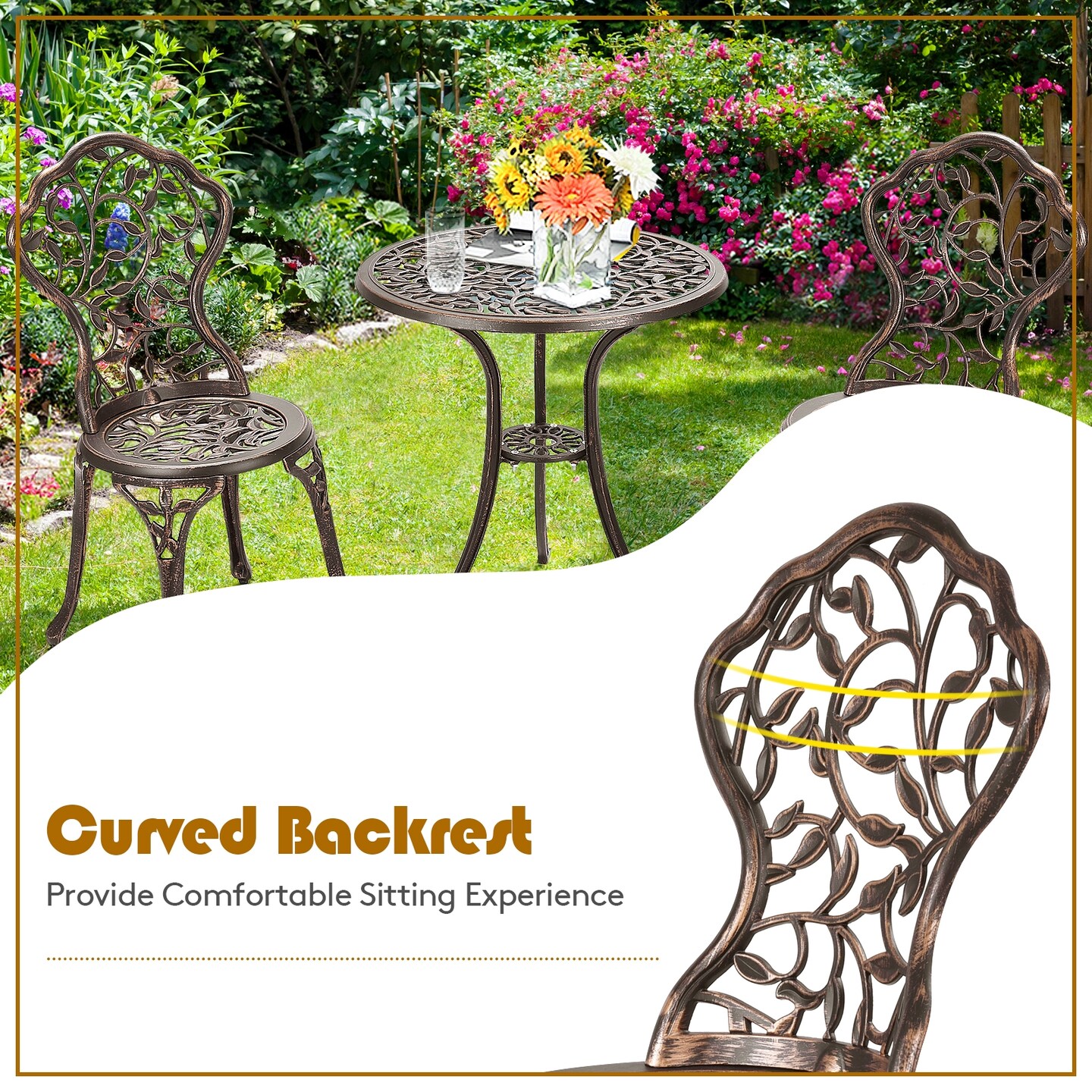 3 Piece Patio Bistro Set Cast Aluminum Outdoor Table and Chairs