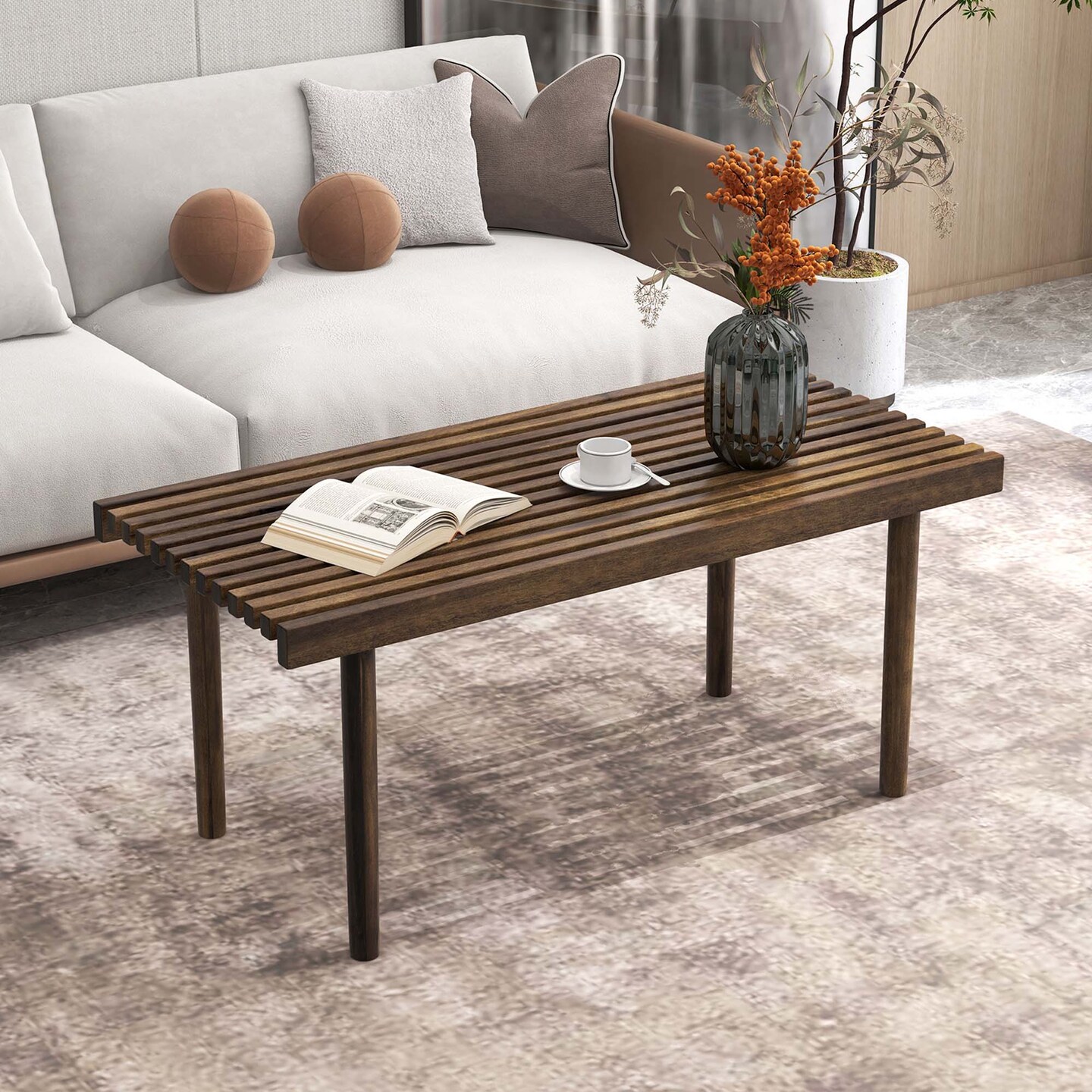 Costway 39" Coffee Table Rubber Wood Rectangle Cocktail Tea Table Slatted Tabletop Brown