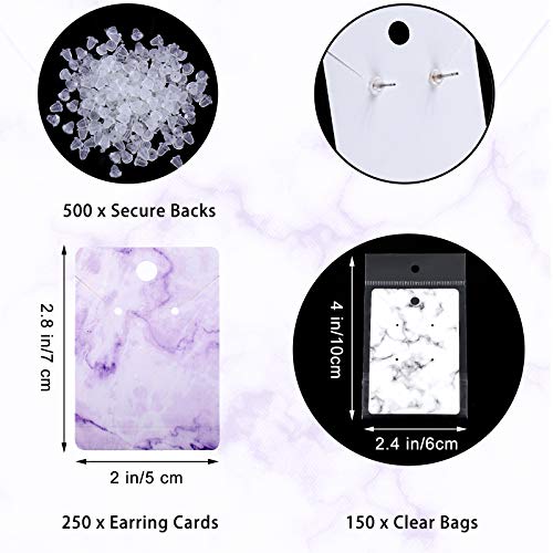 900 Pcs Marble Earring Necklace Display Card Holder for Selling, 250 Pcs 5 Colors Jewelry Display Cards 150 Pcs Self Seal Bags and 500 Earring Back for Jewelry Packing, 2 x 2.8 Inches (Marble)