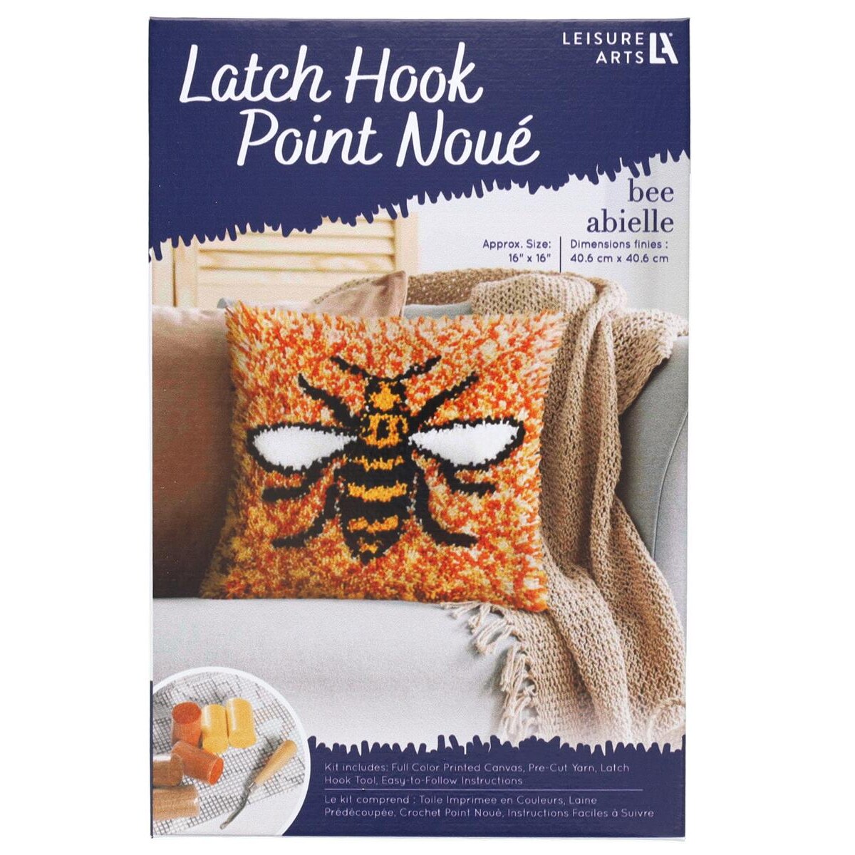 Leisure Arts Latch Hook Kit Bee, 16", Latch Hook Kit, Latch Hook Rug Kits, Rug Making Kit, Latch Hook Kits for Adults, Latch Hook Kits for Adults Beginners