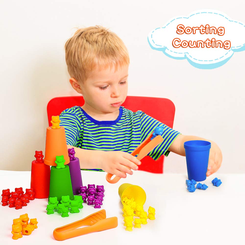 Bmag Counting Bears with Matching Sorting Cups,Number Color Recognition STEM Educational Toy for Toddler, Pre-School Learning Toy with 90 Bears,2 Tweezers,11 Activity Cards,1 Storage Box