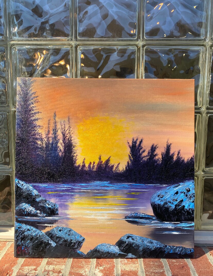 Sunset on the newest lake, oil painting.