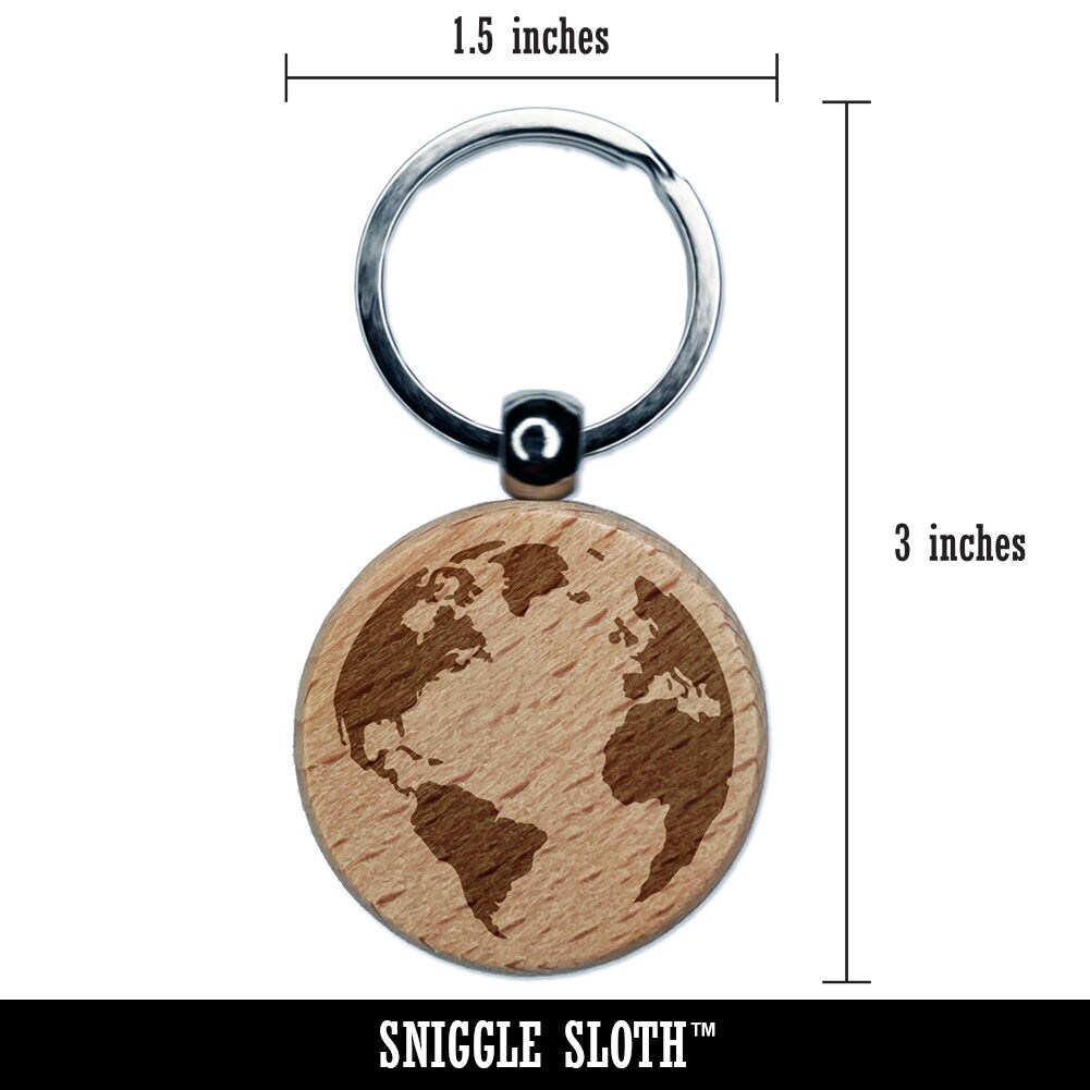 Globe of Earth Engraved Wood Round Keychain Tag Charm