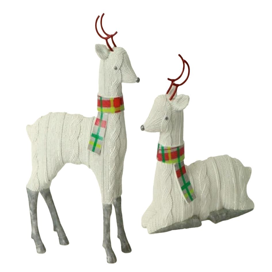 Melrose Set of 2 White and Red Knitted Reindeer Christmas Tabletop Figurines 12&#x22;