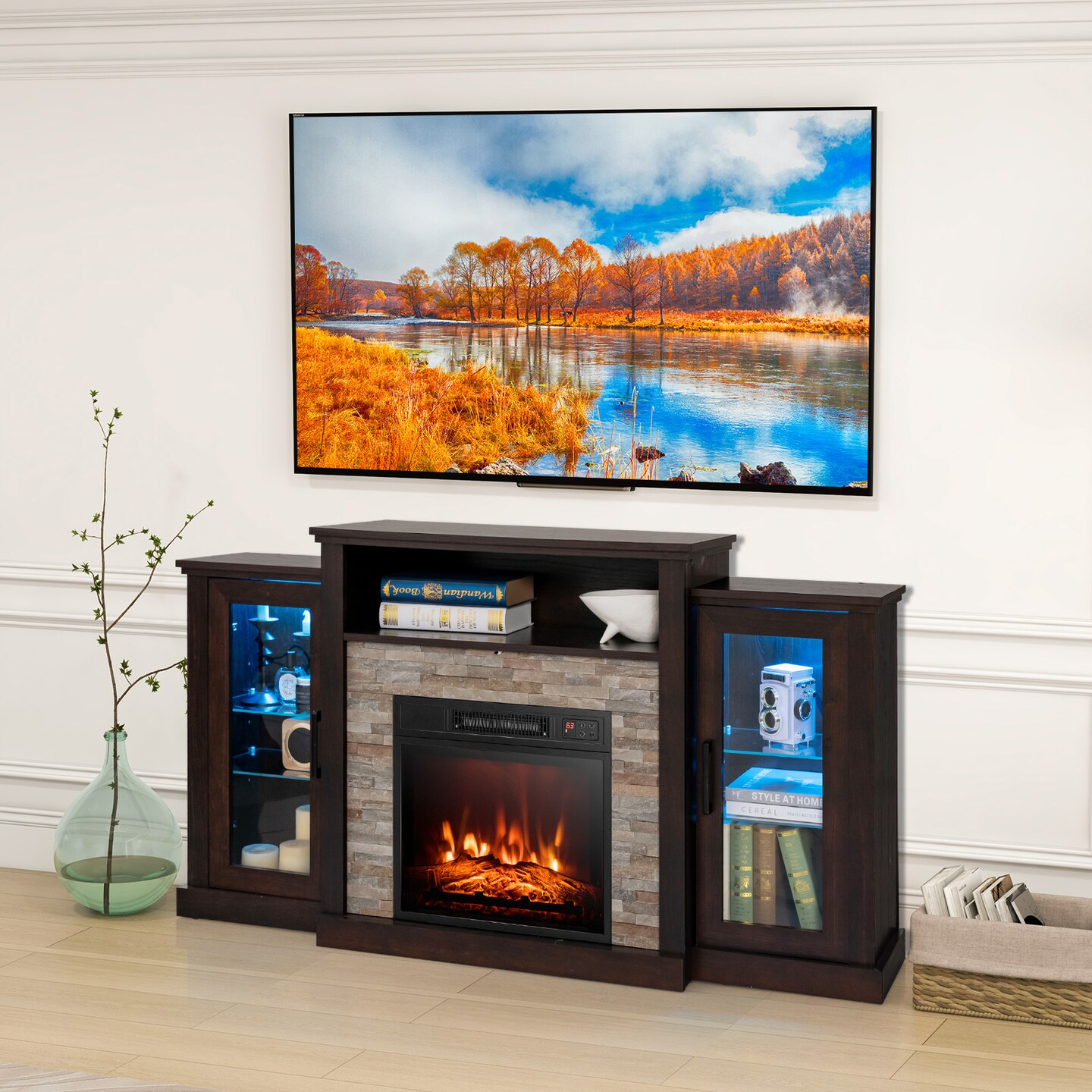 Fireplace Entertainment Center Stand with 16-Color LED Lights for TVs