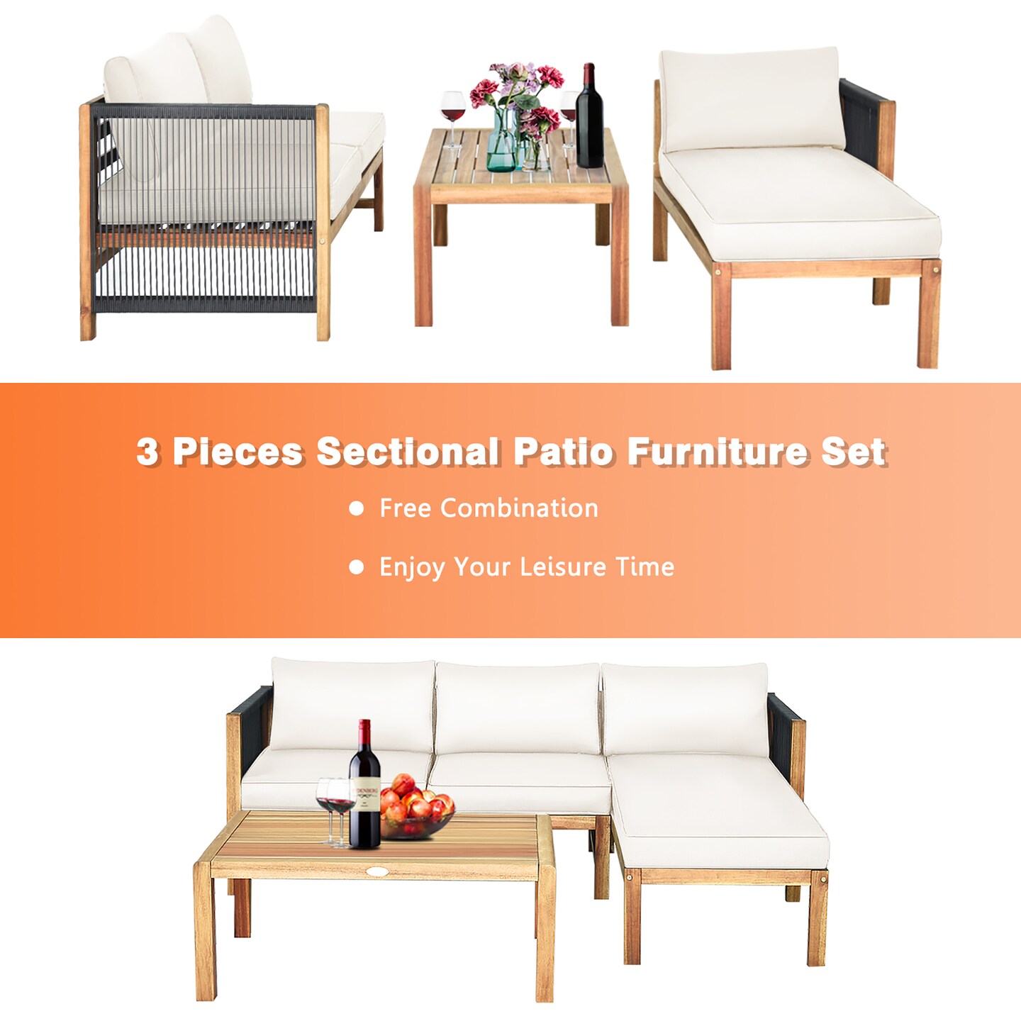 Costway 3PCS Patio Acacia Wood Sofa Furniture Set Thick Cushion W/Nylon Rope Armrest