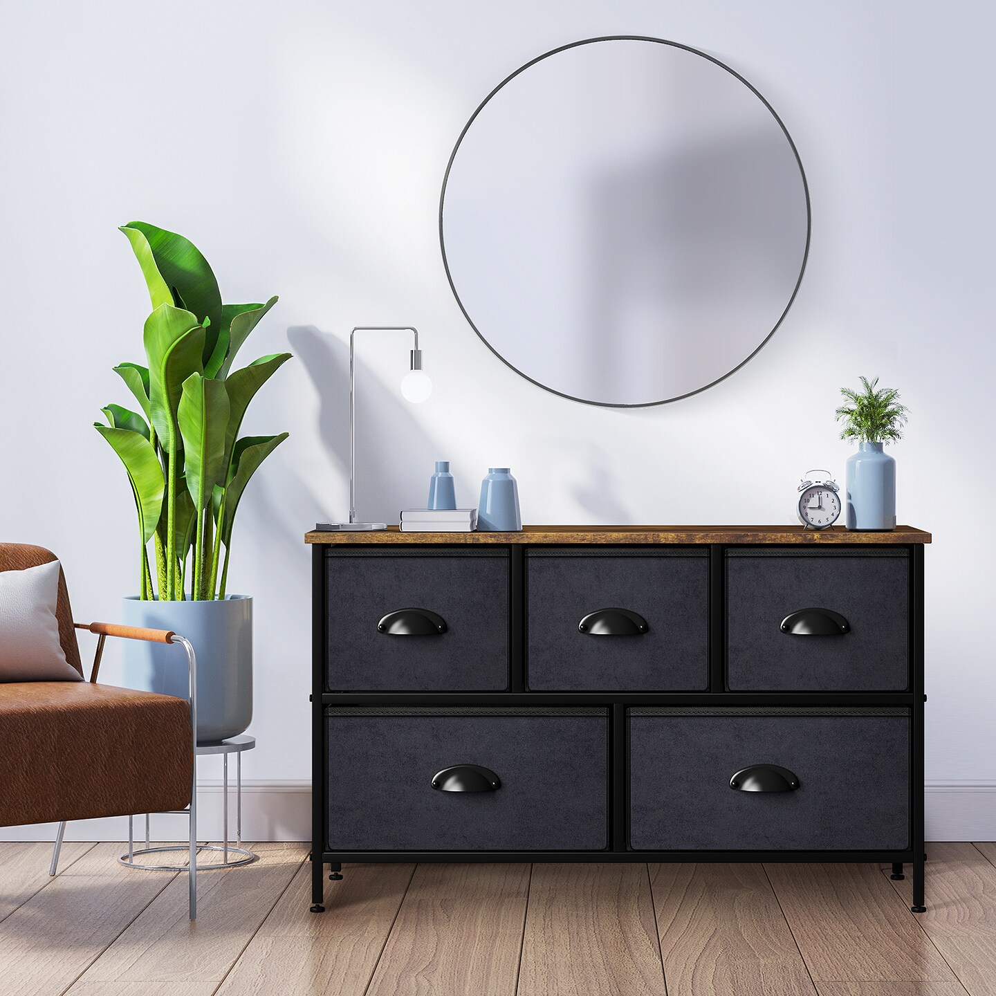 Sorbus Dresser with 5 Drawers - Storage Chest Organizer Unit with Steel Frame, Wood Top, Easy Pull Fabric Bins - Long Wide TV Stand for Bedroom Furniture, Hallway, Closet &#x26; Office Organization