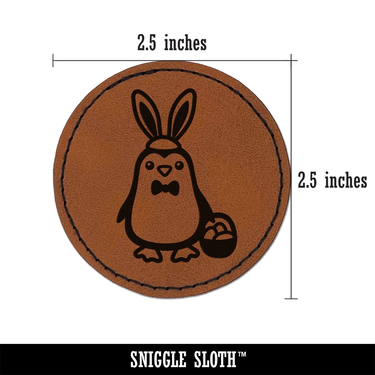Easter Penguin with Bunny Ears and Basket Round Iron-On Engraved Faux Leather Patch Applique - 2.5&#x22;