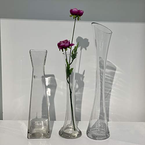Bud Vase, Width 3&#x22;, Height 15.75&#x22;, Clear Tall Slant Cut Opening Gathering Concaved Glass Floral Container Centerpiece for Wedding Party Event Home Office Decor, 1 Piece