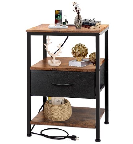 Nightstand with Charging Station, 3-Tier Storage Shelf, Vintage Brown, Side Table for Bedroom, Dorm, Bedside End Table with USB Ports and Outlets, Night Stand with Fabric Drawer
