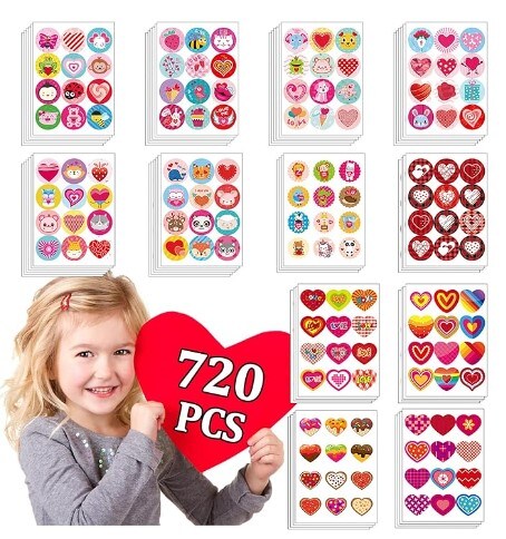(720 PCS) Valentine&#x27;s Day Stickers, Heart Love Stickers, Gifts for Kids Classroom, Valentines Decorations for Goodie Bags/Crafts Decor