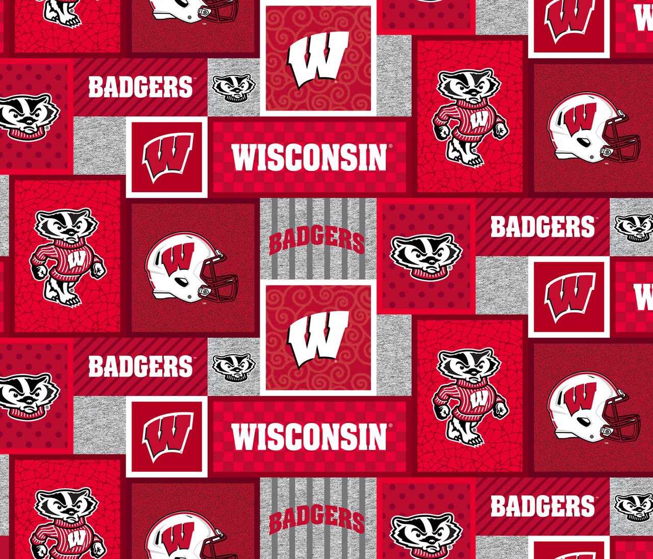 Sykel Enterprises-University of Wisconsin Fleece Fabric-Wisconsin Badgers College Patch Fleece Blanket Fabric-Sold by the yard