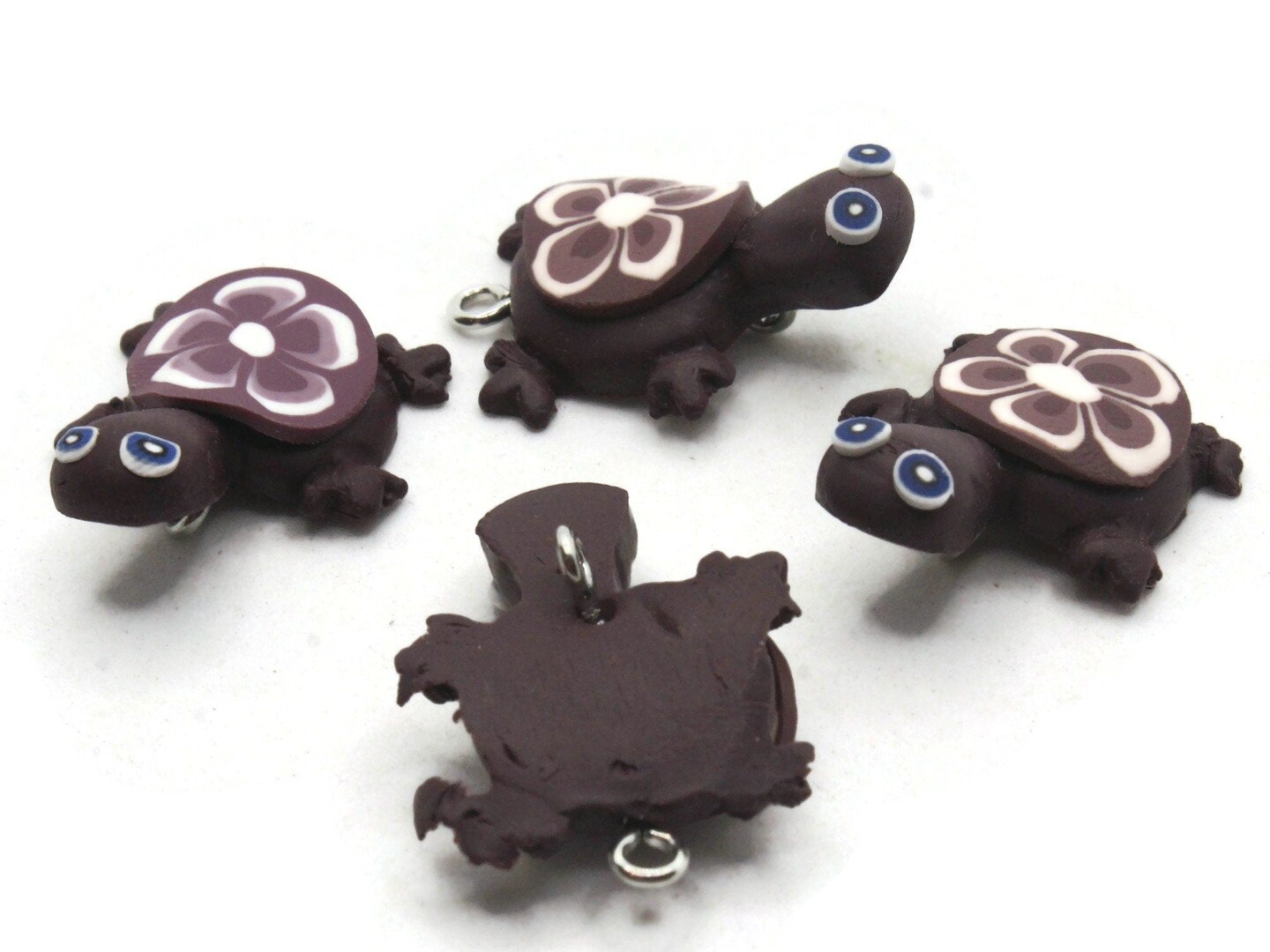 4 25mm Purple Turtles with Flower on the Shell Polymer Clay Tortoise Links