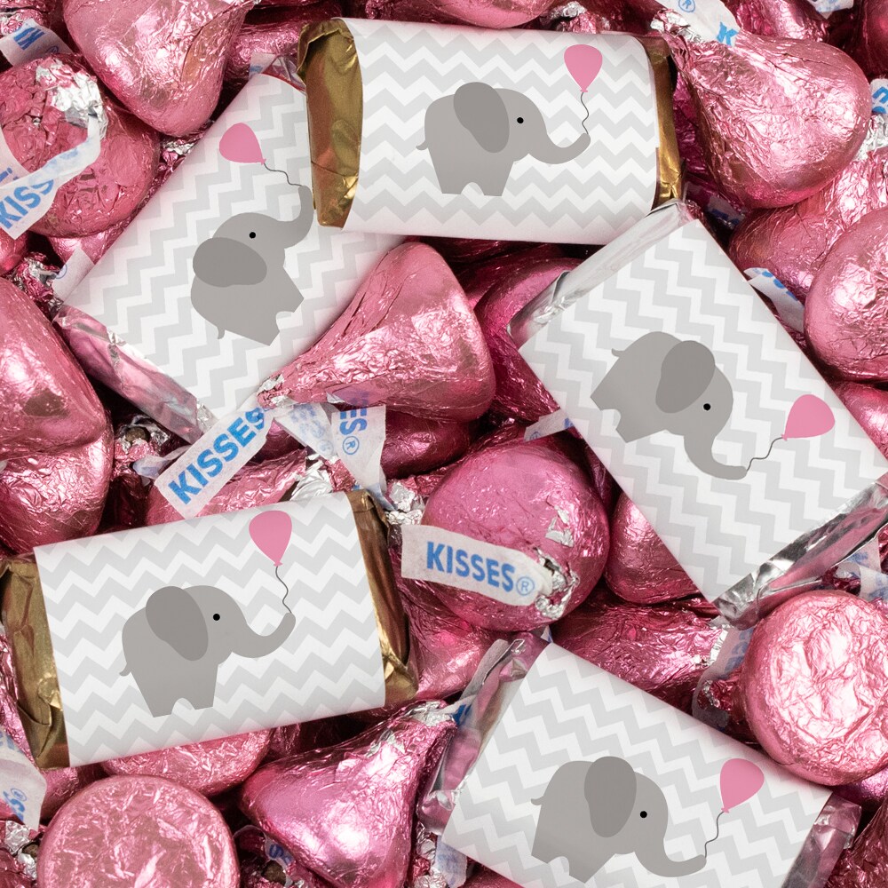 131 Pcs Girl Baby Shower Candy Party Favors Elephant Hershey&#x27;s Miniatures &#x26; Pink Kisses (1.65 lbs, Approx. 131 Pcs)