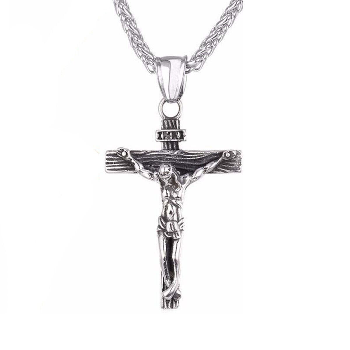 Stainless Steel Jesus Christ Crucifix Cross Pendant Chain Necklace