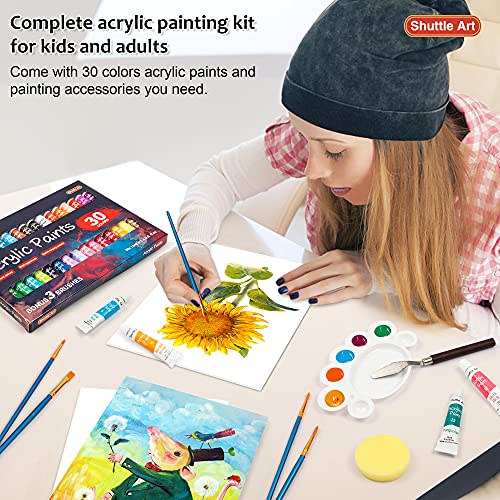 Shuttle Art 46 Pack Acrylic Paint Set, 30 Colors Acrylic Paint with 10  Paint Brushes 3 Painting Canvas 1 Paint Knife Palette Sponge, Complete Gift  Set