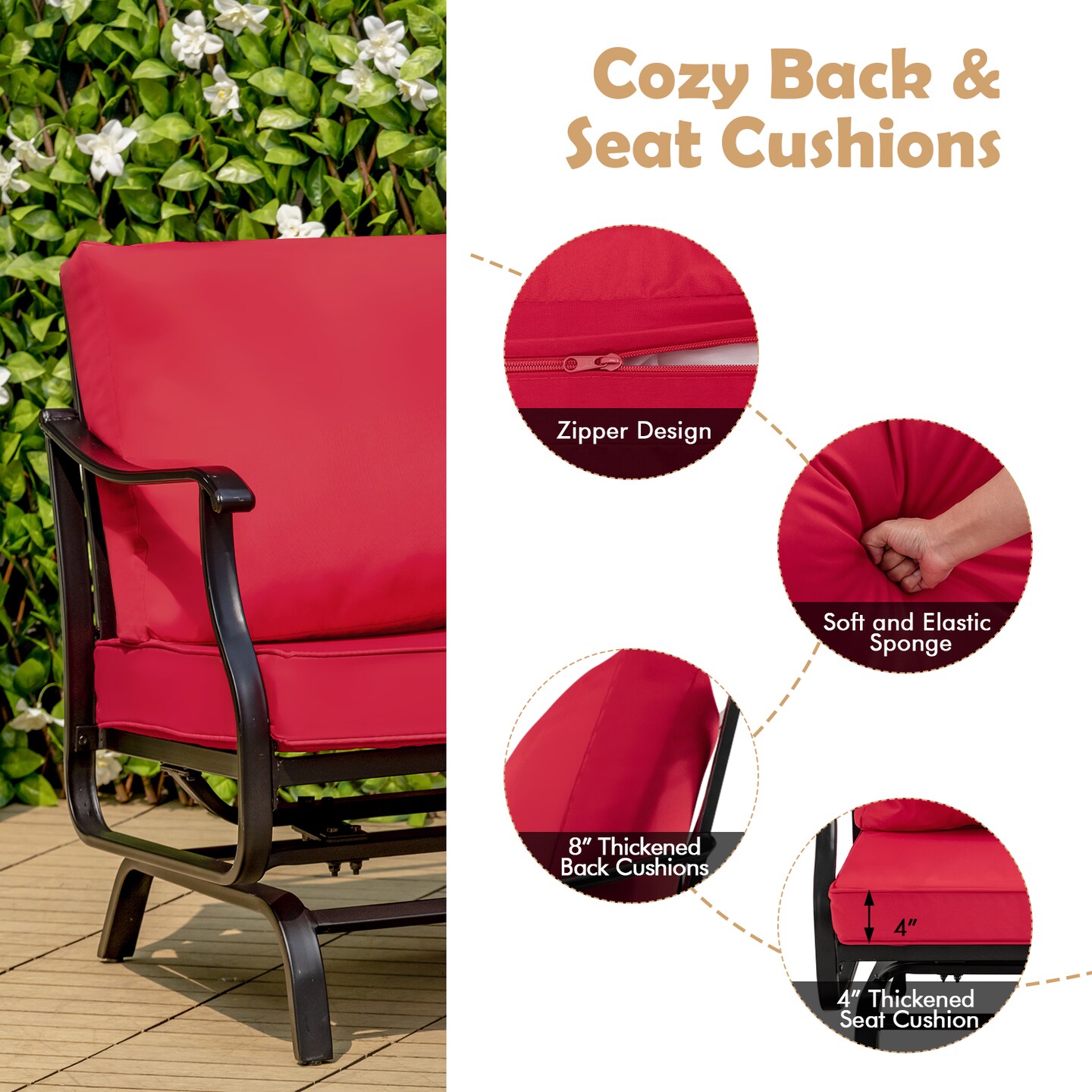 Red Glider Chair Set With Coffee Table 3-Piece Outdoor Patio Steel Frame Cushions