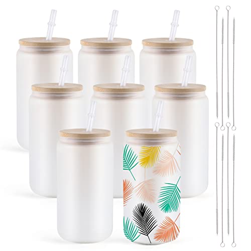 HTVRONT Sublimation Glass Blanks with Bamboo Lid - 16oz Frosted Sublimation Beer Can Glass - Sublimation Glass Tumblers for Iced Coffee Juice Soda Drinks (8 PACK)