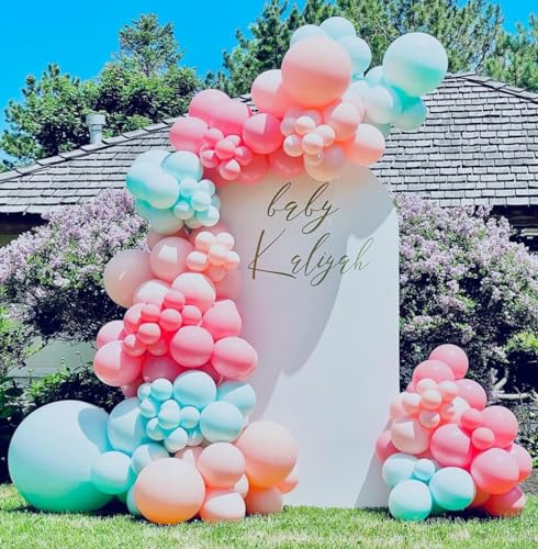 98 Pieces Pastel Balloons Garland Kit Coral Balloons Teal Blue Balloons Champagne and Baby Pink Matte Balloons Gold Metallic Balloons for Baby Shower Rainbow Birthday Weeding Anniversary Decorations