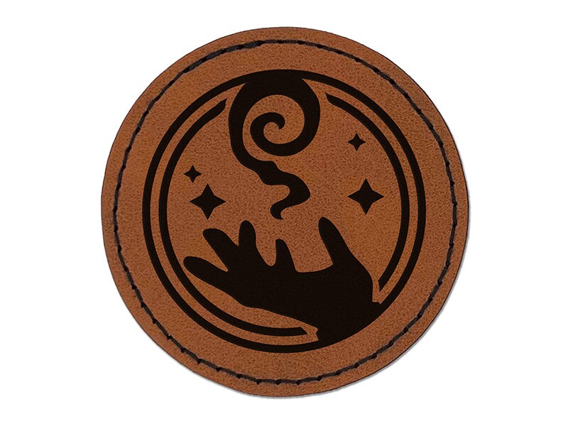 Mage Wizard Magic Spell Round Iron-On Engraved Faux Leather Patch Applique - 2.5&#x22;