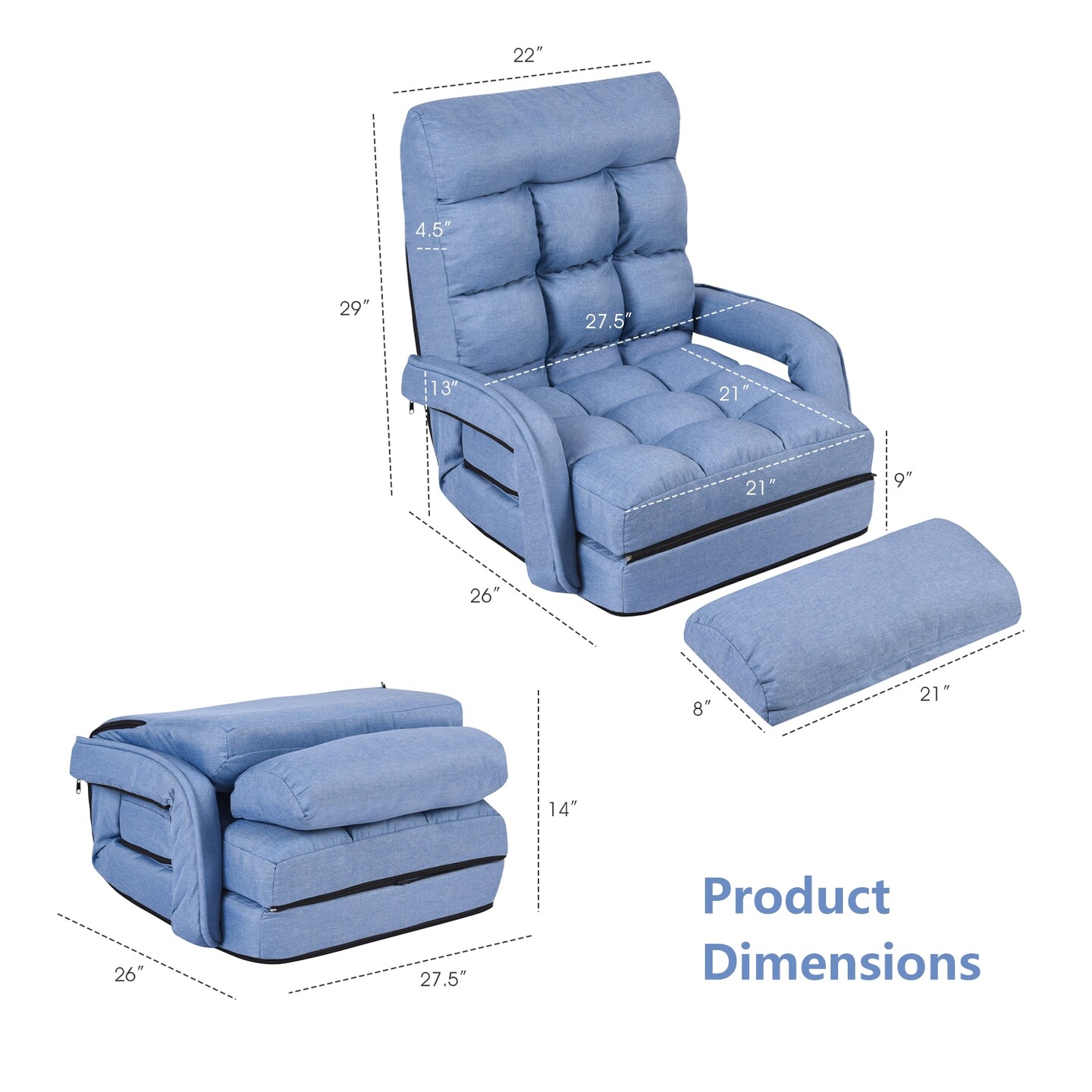 Multi-Position Adjustable Floor Armchair with Lumbar Pillow and Removable Cushion