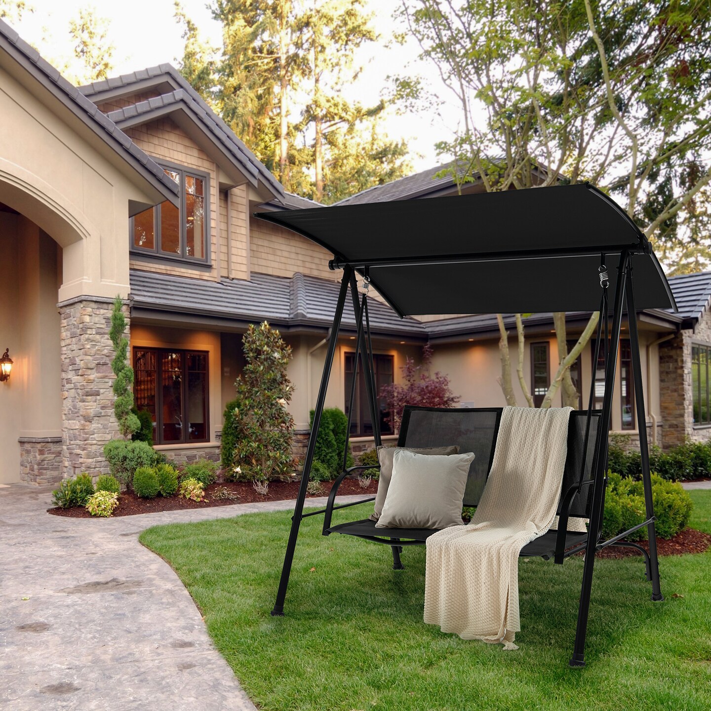 Costway 2-Seat Patio Swing Porch Swing with Adjustable Canopy for Garden Black/Dark Brown