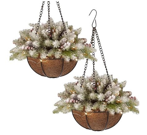 2 Pack Pre Lit Artificial Christmas Hanging Basket Christmas Tree Basket with Frosted Pine Cones and Branches, White Berry Clusters, and 2 Pieces White LED String Lights for Patio or Porch