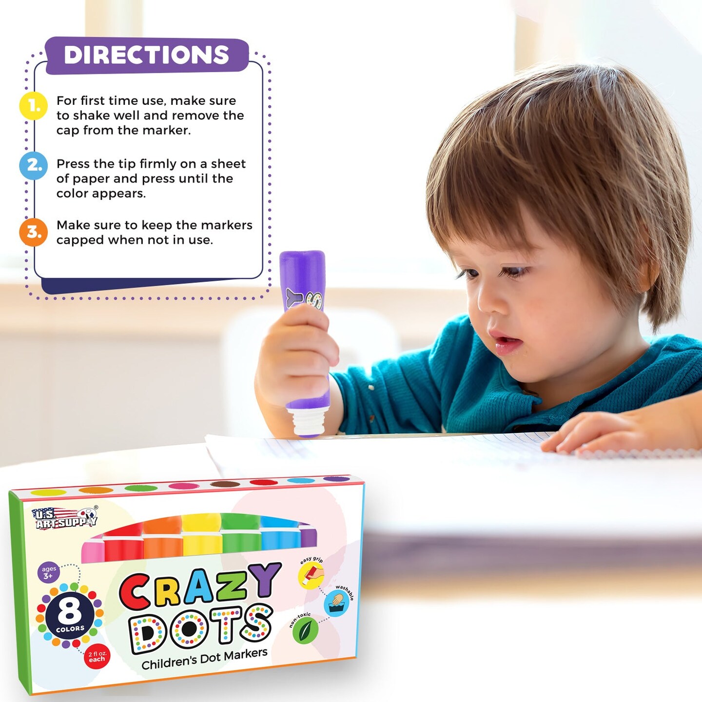 8 Color Crazy Dots Markers - Children's Washable Easy Grip Non-Toxic Paint  Marker Daubers