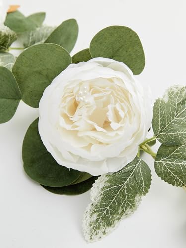 MISSPIN 2pcs Artificial Flowers Garland Eucalyptus Garland Vintage Fake Flower Peony Rose Vine Greenery Decorative Wall Hanging Plant for Wedding Arch Door Arrangement Party Decor (White,2pcs)