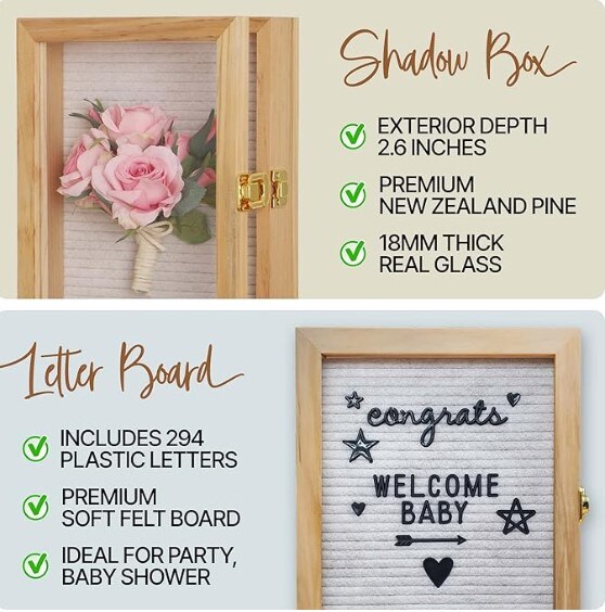 8x10 inch Shadow Box Display Case with Felt Letter Board - Picture Frame, Memory Box for Photos, Artworks, Medals, and More (Natural Wood)