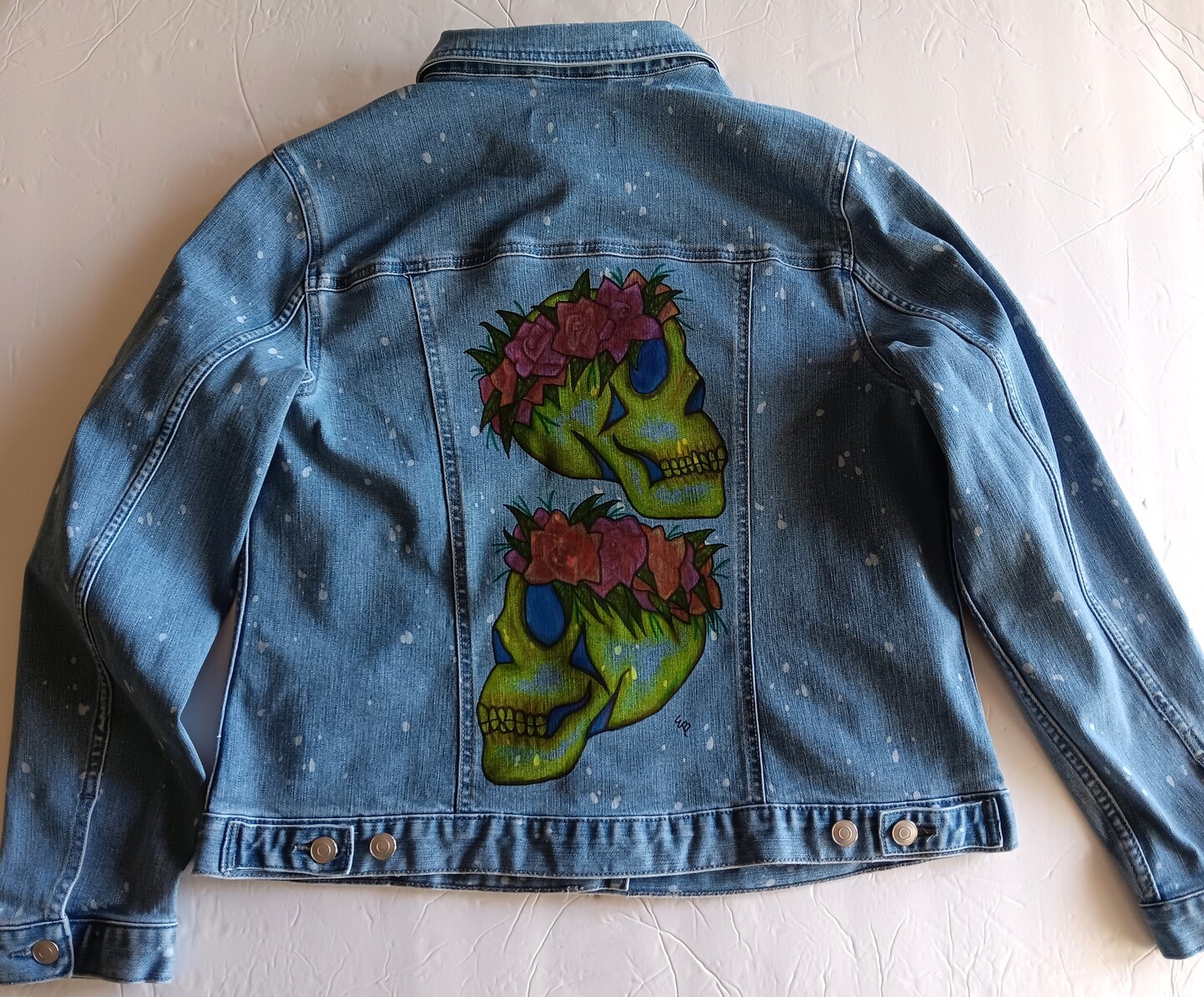 Neon Tribal Skull Chain stitched hot Acid-Wash Denim Jacket